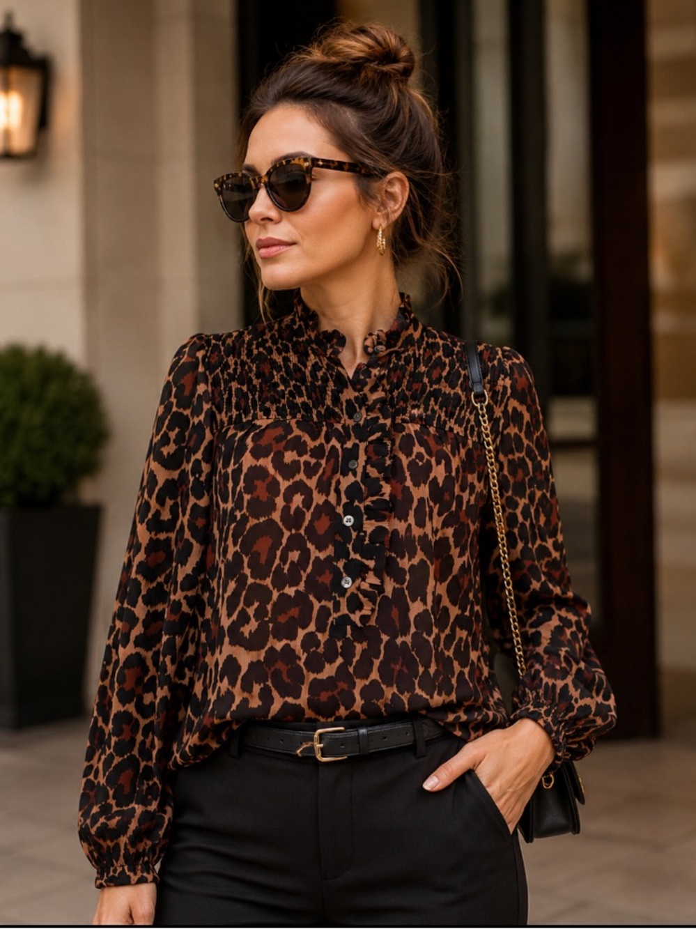J. Crew Leopard Crinkle Chiffon Pop Over Ruffled Neck Blouse Office Chic XS